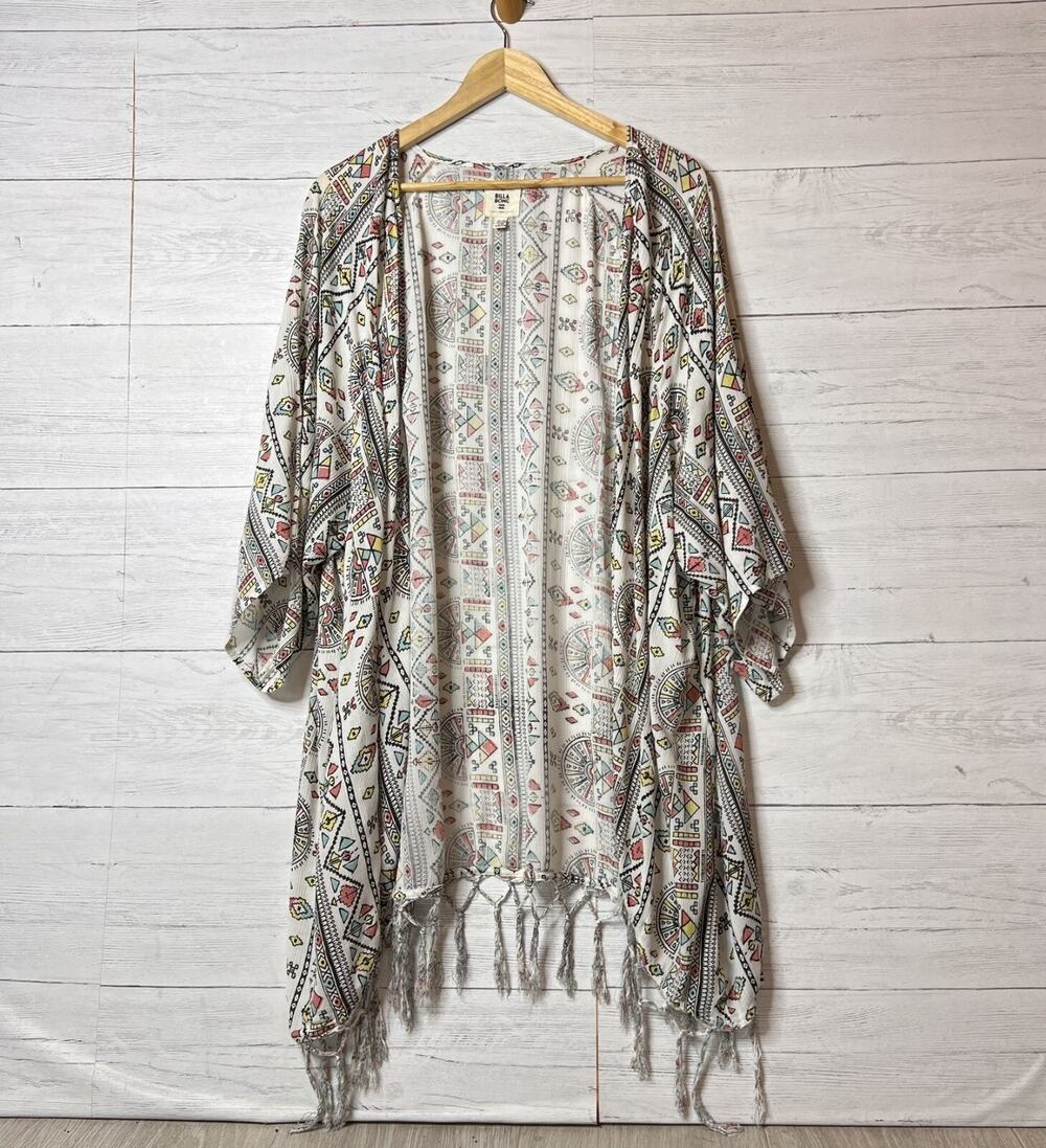 Billabong Kimono Cardigan SZ S/M Salty Waves Boho Geometric Aztec Print Fringe